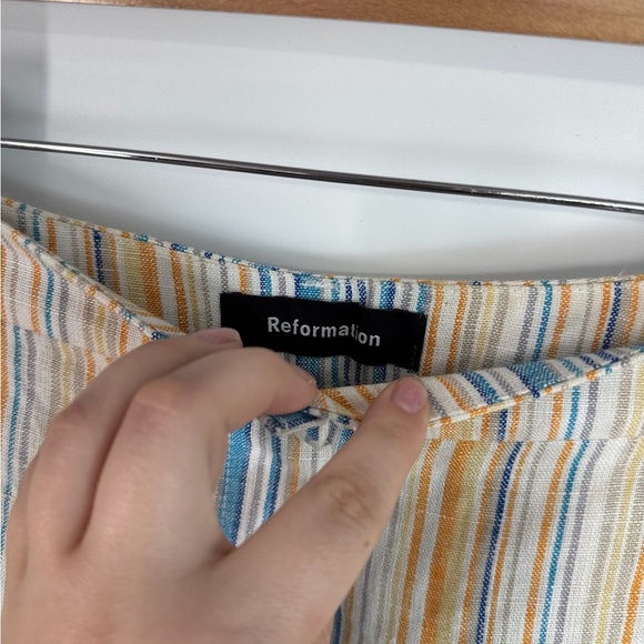 Reformation Pinstripe Beachy Boho Linen High Rise Button Up Wide Leg Pants - Picture 3 of 3